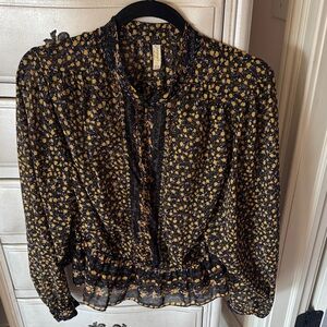 Anthropologie Black Sheer Blouse with Yellow and Lavender Floral Print